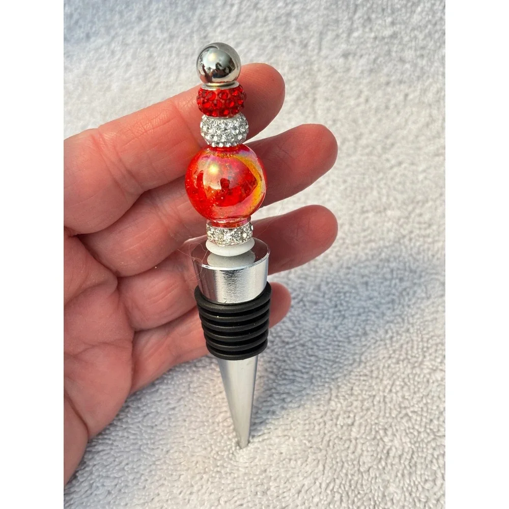 Handmade Beaded Bar Tool Set 3pc Red Silver Holiday Wine Stopper Bottle Opener